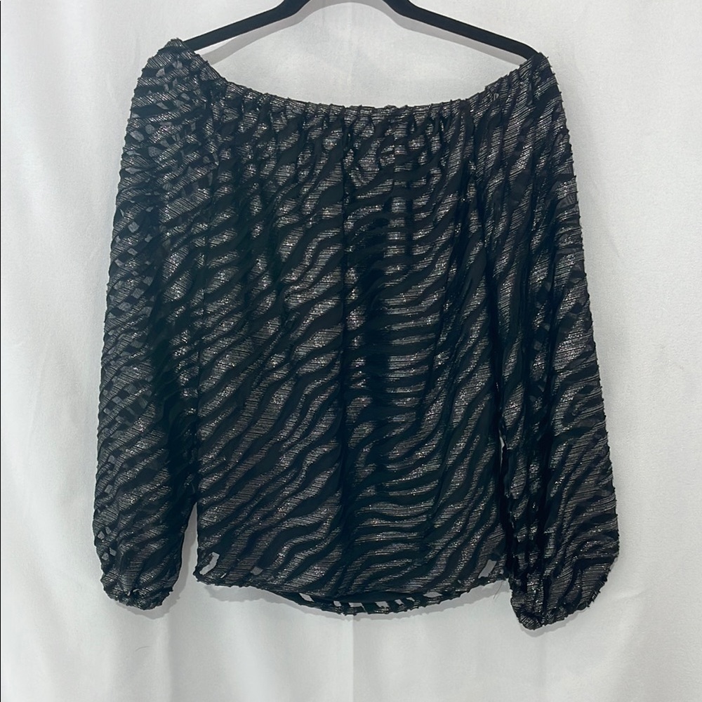 White House Black Market Black and Silver Off the Shoulder Zebra Design Blouse